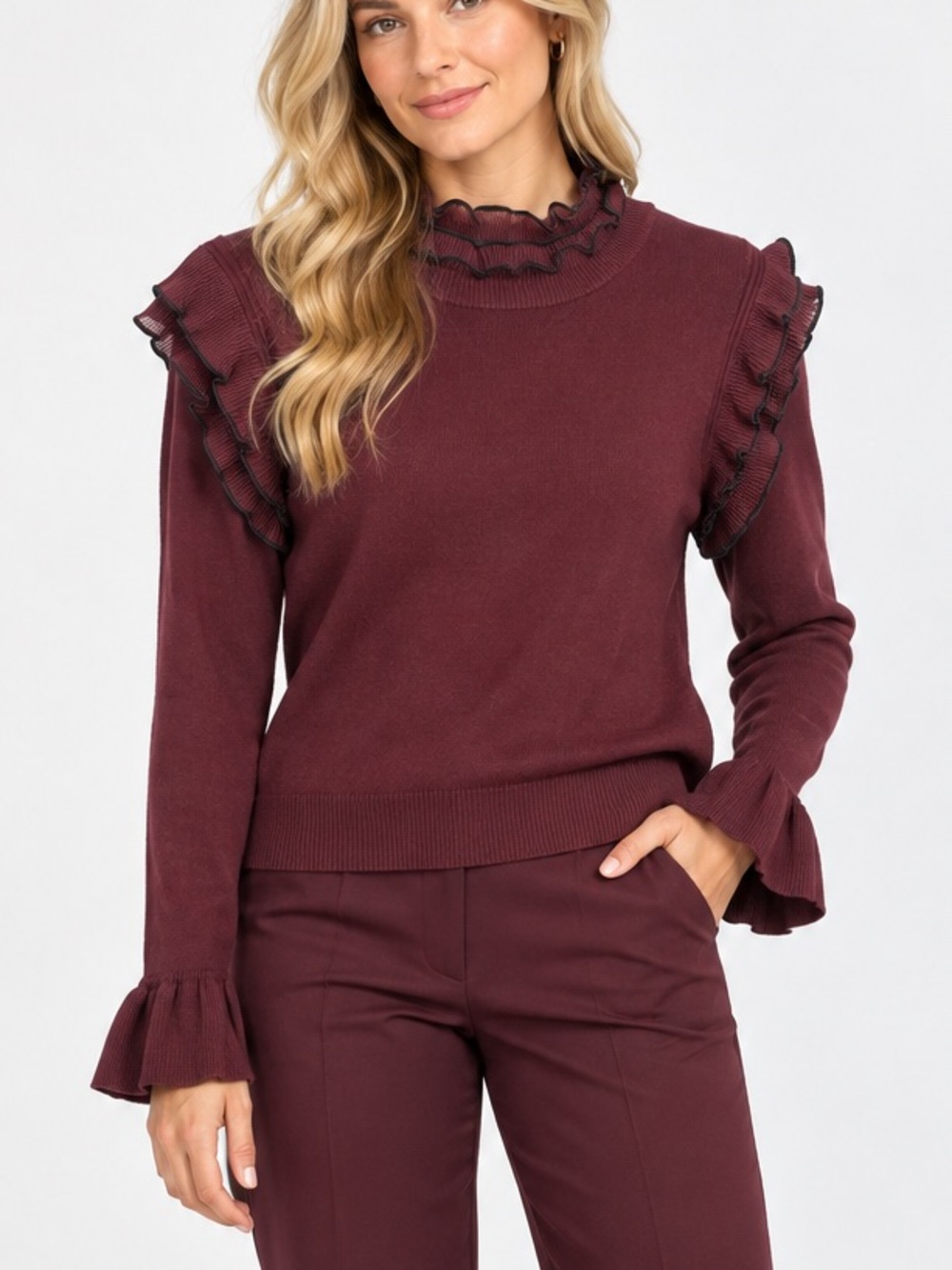 River Island Women's Ruffle Trim Mock Neck Sweater - Burgundy